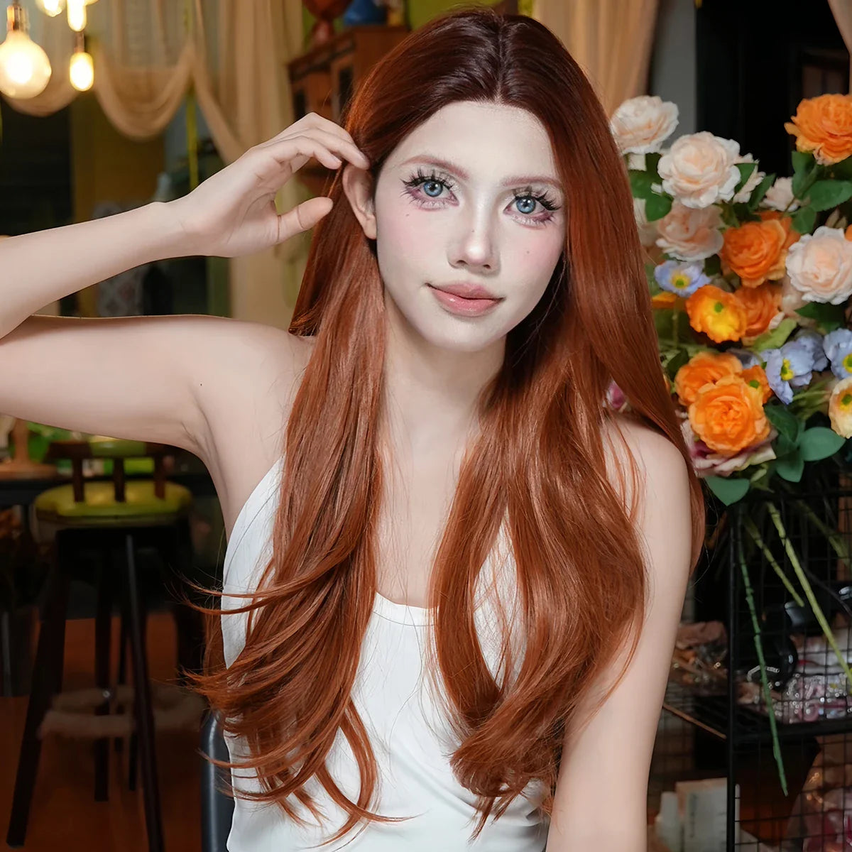 qgtao - Natural Fashion Handmade Lace Women's Wig Orange Wave Wig Curly Women's Party Lolita Cosplay Wig