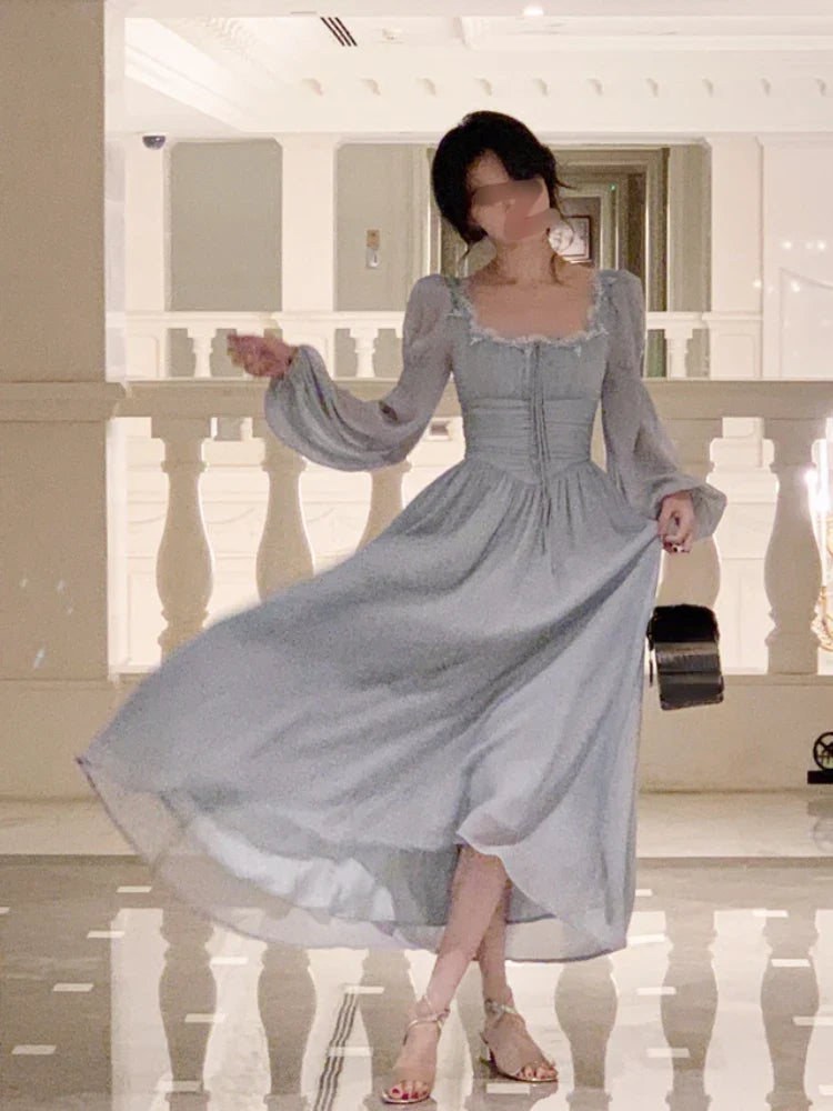 qgtao 2024 Summer Elegant Fairy Midi Dress Women Causal Long Sleeve Vintage Party Dress Female Ruffles One Piece Dress Korean Chic Y2k