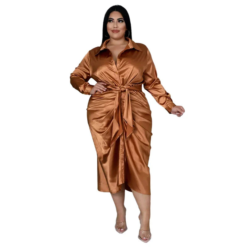 qgtao Elegant Satin Plus Size Women Shirt Dress Sexy Ruched Long Sleeve Lace Up Evening Party Midi Drerss Vestido Africano Feminino
