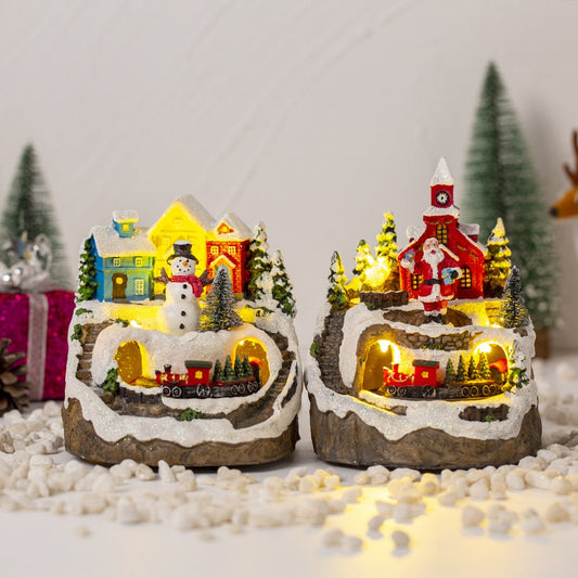 Christmas House Village Music Led Glow Rotating Train Snowman Santa Building Cabin Resin Crafts Xmas Holiday Ornament Home Decor