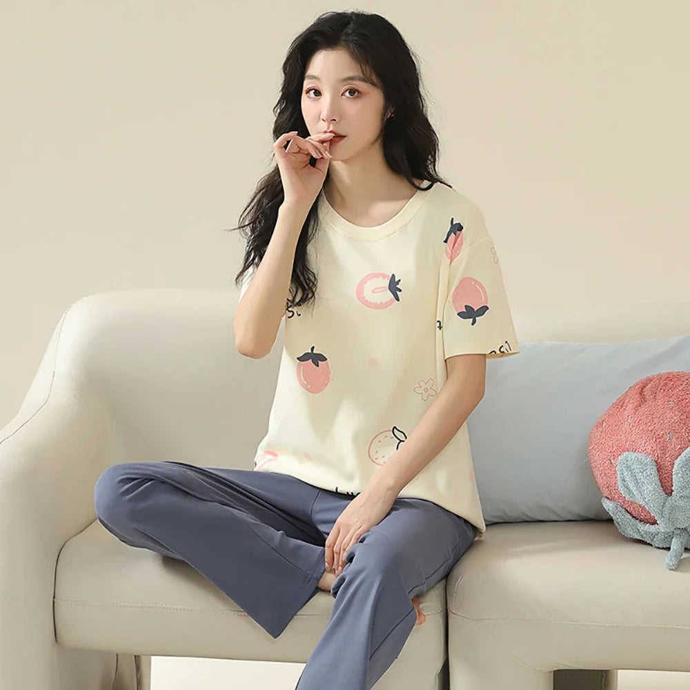 qgtao M-2XL 100% Cotton Women's Pajamas Casual Summer Short Sleeve Thin Pijama Sets Breathable Soft Pajama Sleepwear With Two Pockets