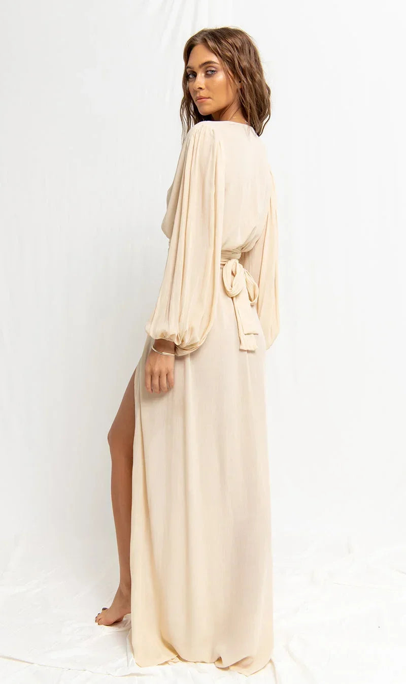 qgtao Elegant Sexy Dress for Women Lantern Sleeve Deep V-neck Cut Out Beach Style Split Hem Boho Vintage Casual Vintage Midi Dress