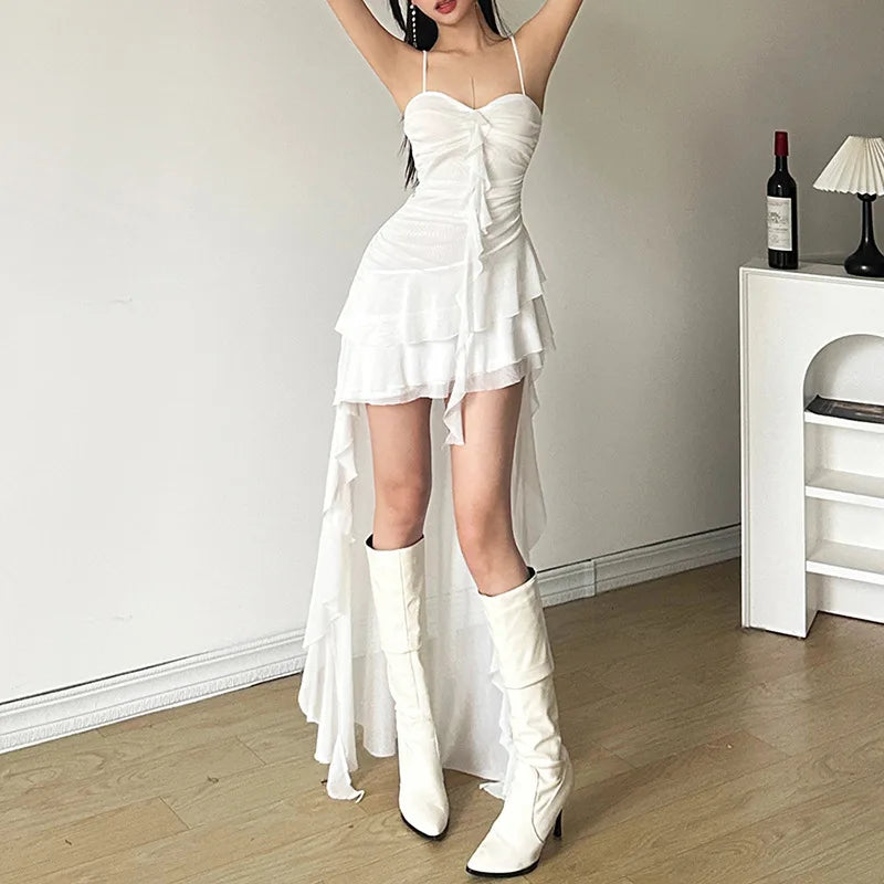 qgtao Y2k Sexy Mesh Ruffle Irregular High Low Dress White Black Sleeveless Long Dresses Summer Y2K Clothes Women 2024