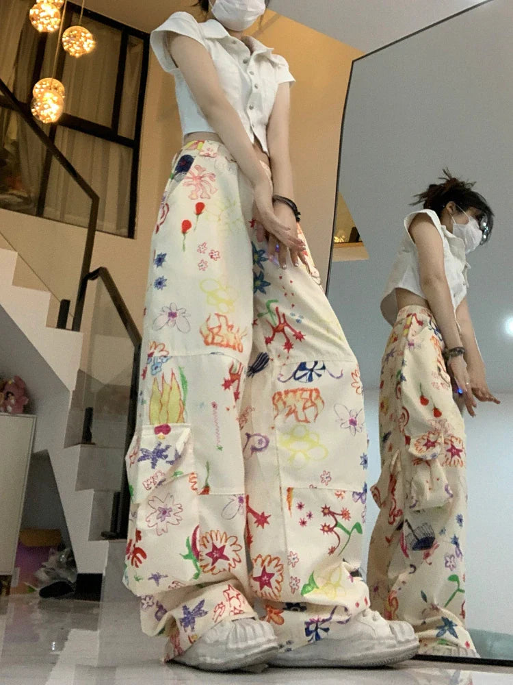 qgtao - Vintage Baggy Cargo Pants Women Y2k Fashion Straight Flower Pattern Low Waist Casual Sweatpants Hip Hop Slouchy Trousers