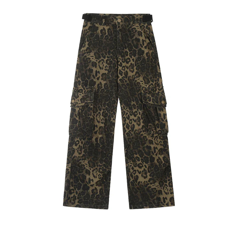 qgtao Leopard Print Pants Women Y2K High Waist Multiple Pockets Vintage Trousers Streetwear Hip Hop Loose Wide Leg Cargo Jeans