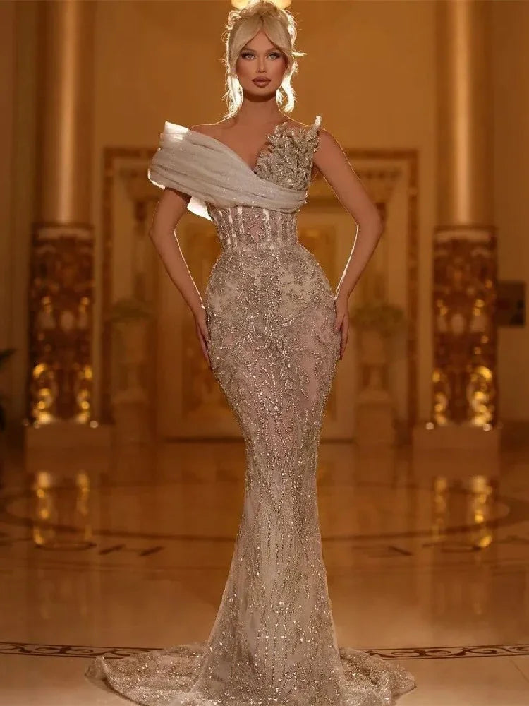 qgtao Luxury 2024 Champagne V-Neck Mermaid Party Evening Gowns Sexy Decal 3D Lace Beaded Senior Formal Occasion Dresses Customization