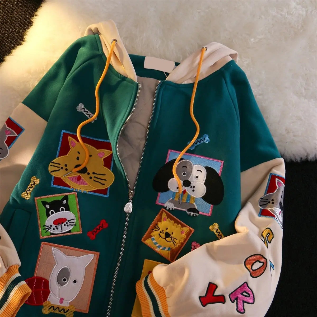 qgtao 2024 Color Block Vintage Cute Cartoon Print Zip Up Hoodies Women Kawaii Spring Clothes Sweatshirt Jackets Coats Oversized Teens