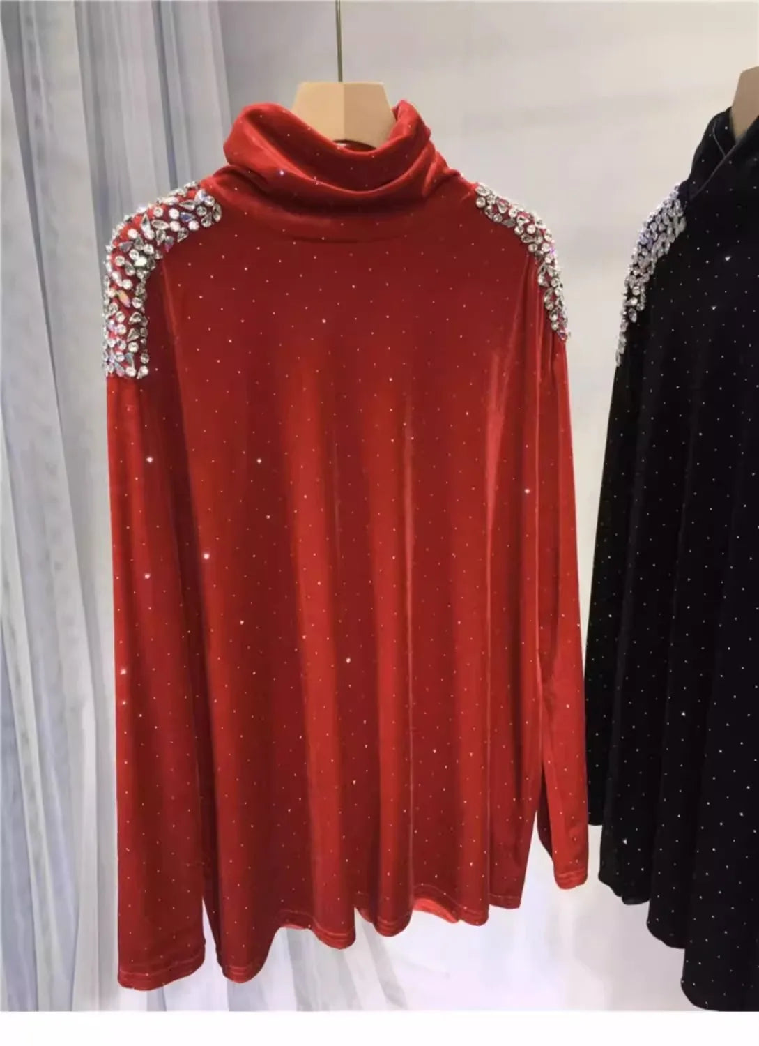 qgtao Luxury Beading Turtleneck Tshirts for Plus Size Women 150kg Long Sleeve Loose Midi Fashion Pullovers Autumn Winter New Lady Tops