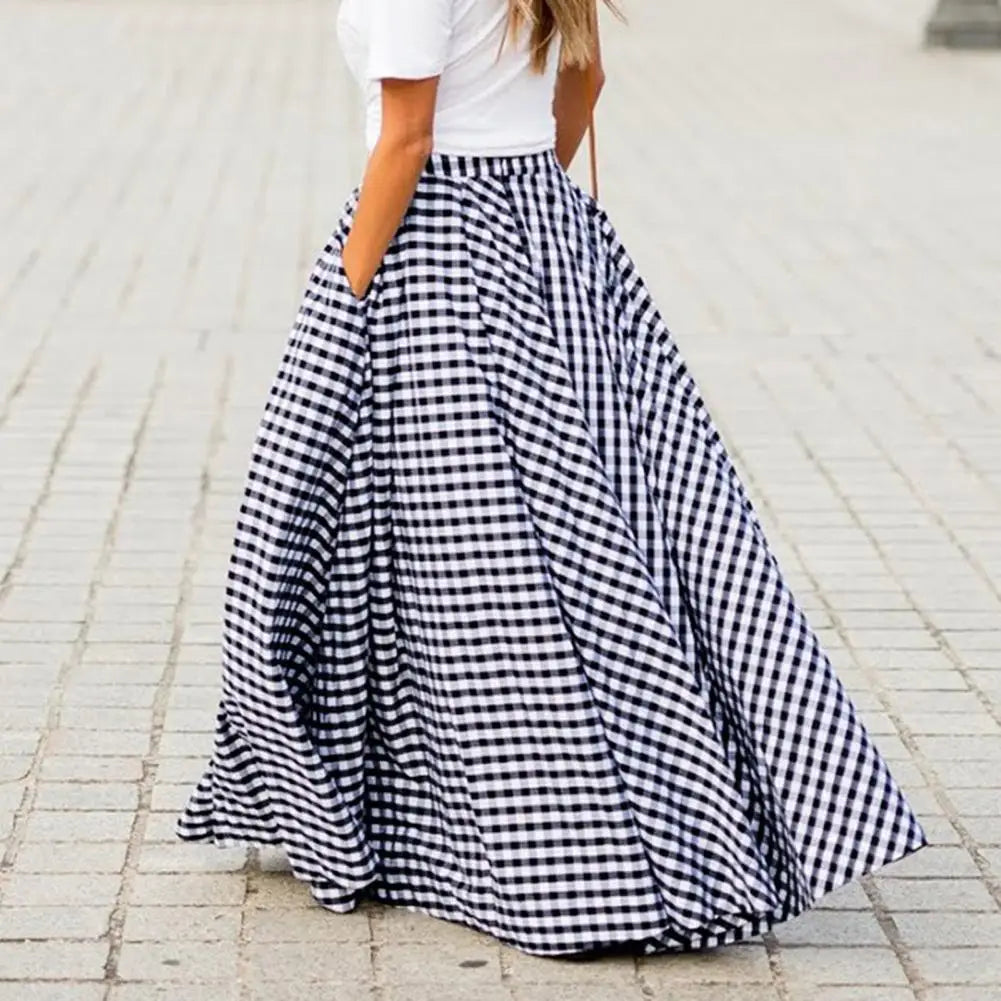 Vintage Bohemian Women High Waist Summer Long Skirt Plaid Pockets Casual A-Line Maxi Skirts Elegant Beach Skirt Long Skirt
