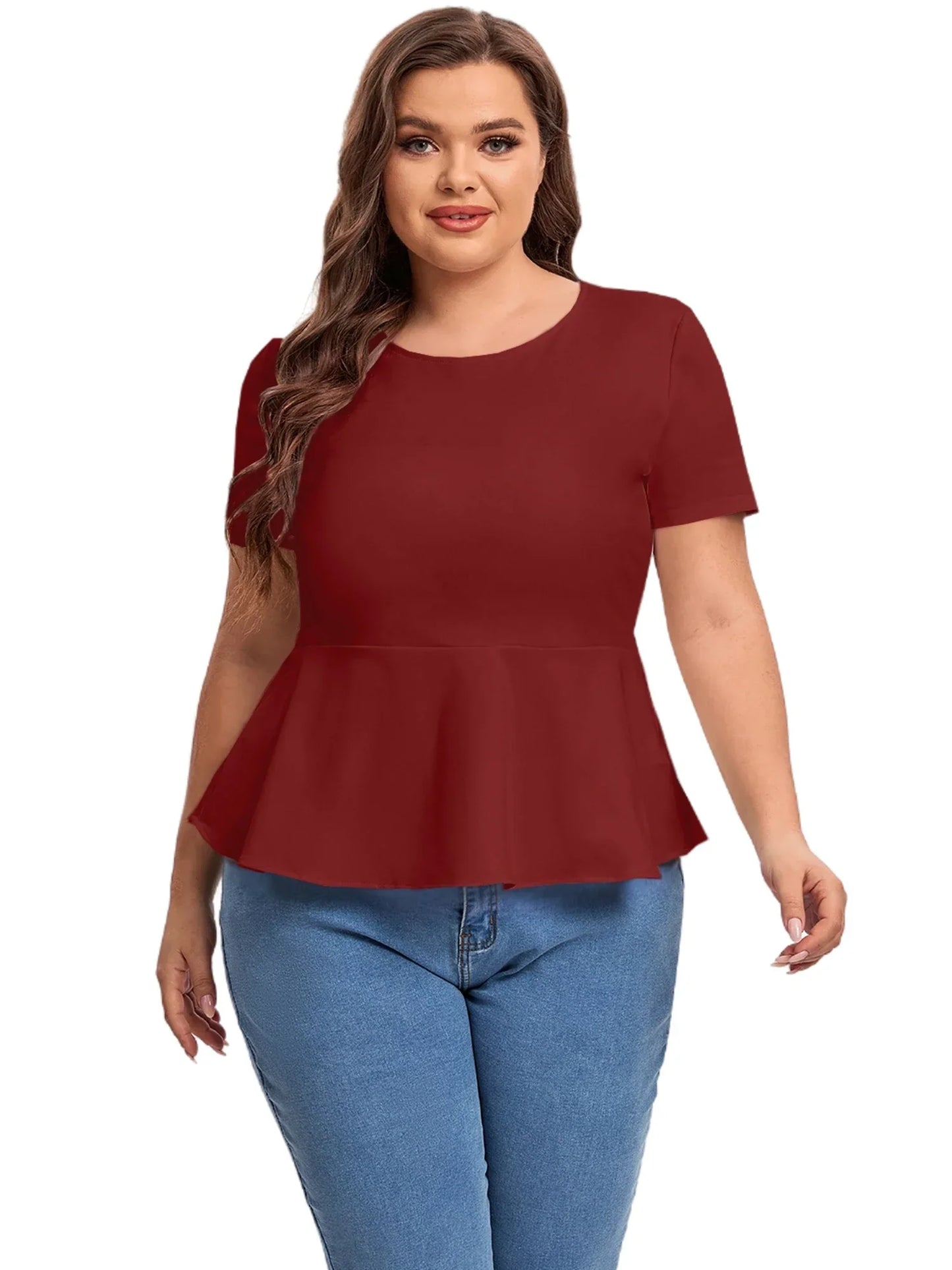 qgtao Plus Size Short Sleeve Elegant Summer Peplum Tops Women Keyhole Back Ruffle T-shirt Tee Blouse Plus Size Clothing Women 7XL 8XL