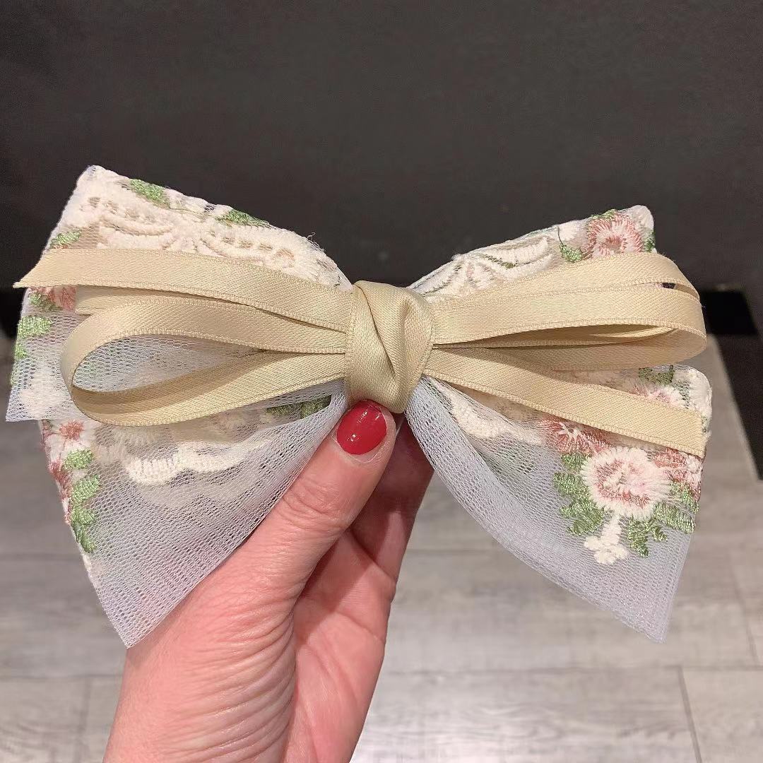 Korean Ribbon Bow Spring Barrette Hair Clips Embroidery Flower Hairpins Fabric Hair Bows Hoop Daily Casual Hair Accessories Gift