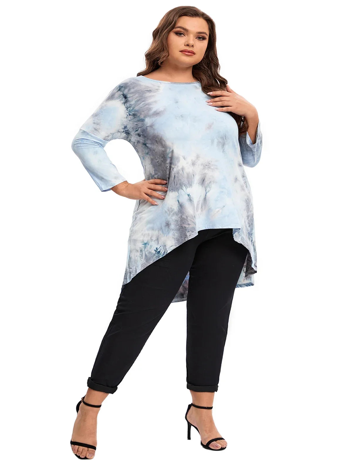qgtao Plus Size Long Sleeve Elegant Tie Dye Tunic Tops Long Loose Autumn Hi Low Swing Blouse T-shirt Plus Size Clothing Women 6XL 7XL