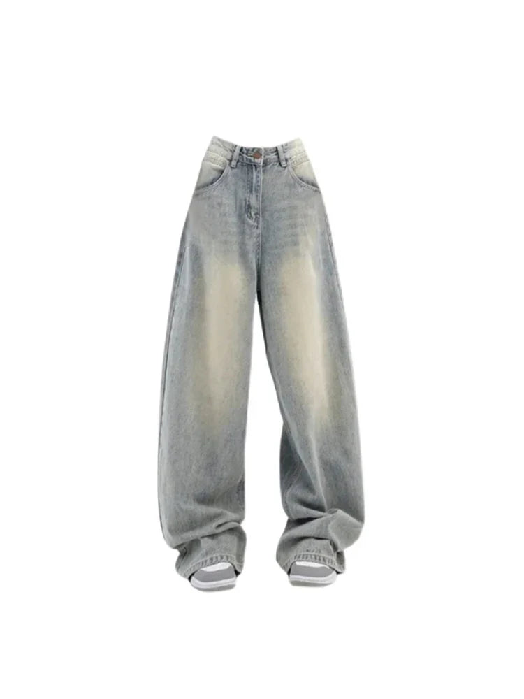 Women Vintage Baggy Blue Jeans High Waist Denim Trousers 2000s Y2k Harajuku Fashion 90s Aesthetic Wide Pants Trashy Clothes 2024