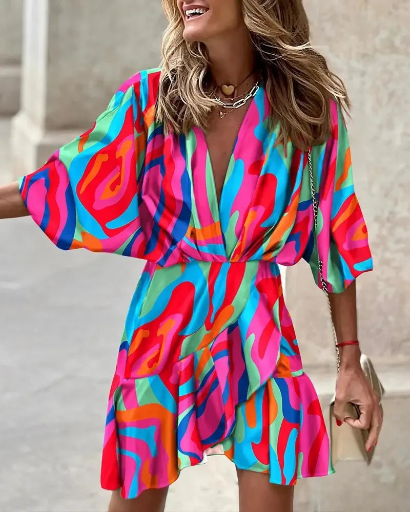 qgtao Spring And Summer Women's Bat Sleeves Sexy V-Neck Hem Irregular Dress New Women's Printed Fashion Loose 5/4 Sleeve Mini Dress