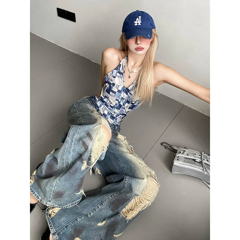 qgtao - Women Ripped Blue Y2k Jeans Harajuku Streetwear Denim Trousers Aesthetic Jean Pants Vintage Japanese 2000s Style Trashy Clothes