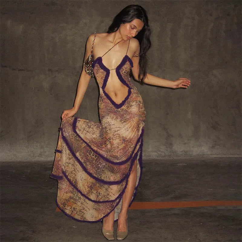 Frilly Halter Backless Split Long Dresses for Women Y2k 2000s Aesthetic Print Maxi Dress Sexy Party Outfits