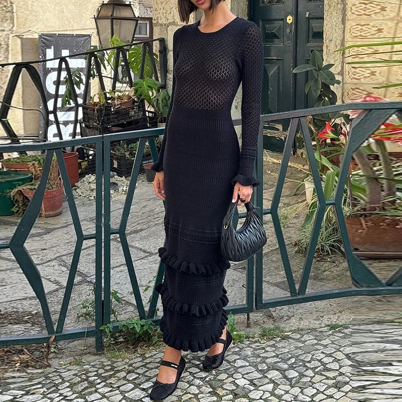 qgtao - Elegant O-neck Ruffle Hollow Knitted Dress 2024 Fashion Colour Blocking Slim Party Dress Women Casual Long Sleeves Long Dresses