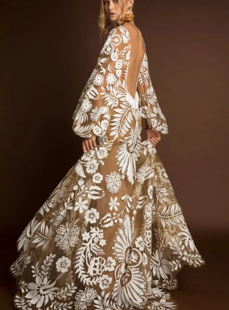 Bridal Luxury Evening Dresses Slim Fit Puff Sleeve V-Neck Long Sleeved Floor-Length New of Print Chiffon Dress Women