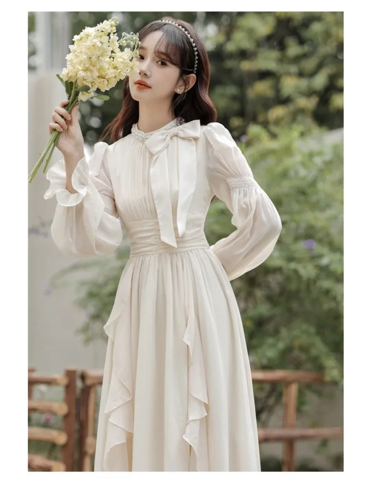 qgtao Autumn Chiffon Midi Dresses for Women O-neck Bow Flare Sleeve High Waist Ruffles A-line Princess Party Dress Vestidos Mujer New