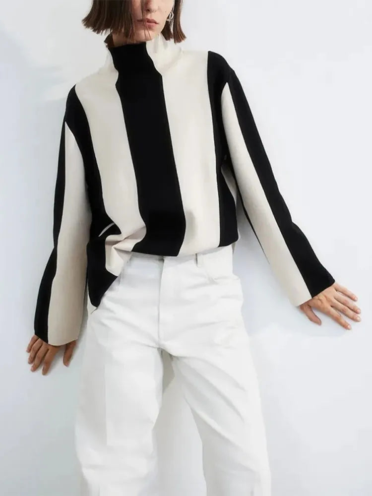 Vertical Stripe Mock Turtleneck Sweater For Women Autumn O-neck Long Sleeve Knitter Pullover Vintage Fashion Commute Jumpers