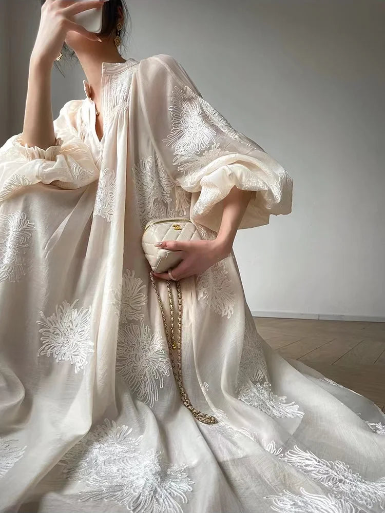 qgtao France Vintage Embroidery Midi Dresses for Women 2023 Elegant Evening Party V-Neck Lantern Sleeve Loose Casual Female Clothing