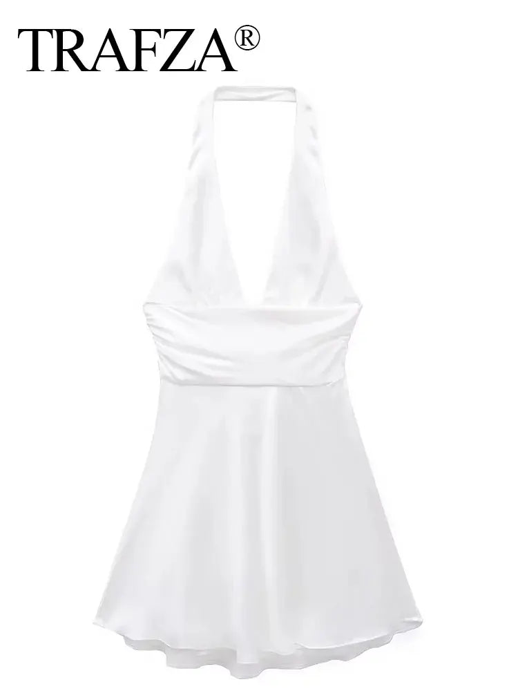 qgtao Dress For Women Fashion Back Bow Lace Up Slim Mini Dress Sexy Backless V Neck Halter Sleeveless Dresses Female Streetwear