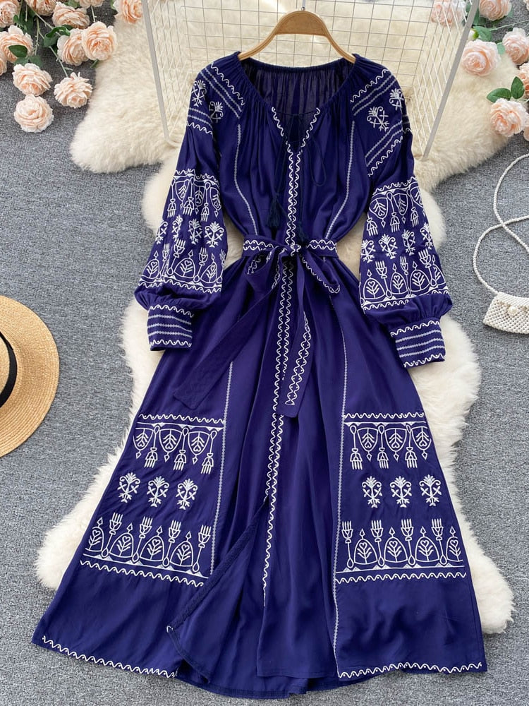 French Style Long Sleeve Embroidered Dress