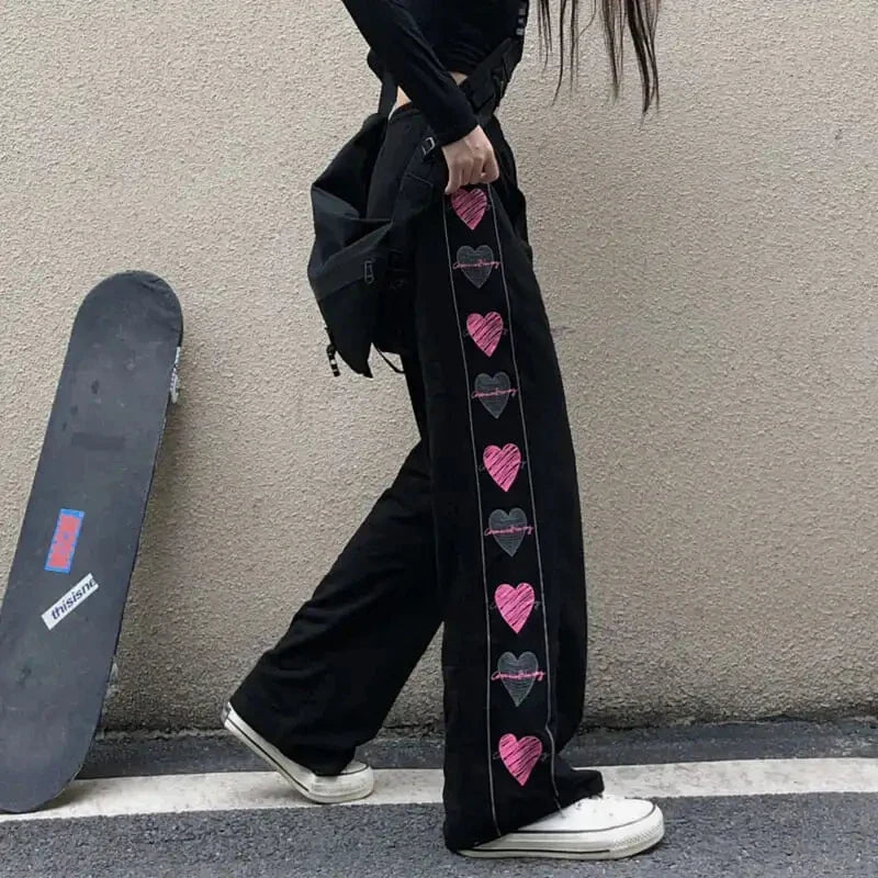 qgtao Plus Size 6XL Spring Summer Pants Women Hearted Print Elastic Waist Black Wide Leg Pant Woman Loose Trousers