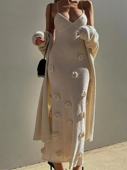 qgtao 2024 Elegant 3d Flower Sling Maxi Dress Women Deep V-neck Sleeveless Beach Dresses Summer New White Lady Chic High Street Robes