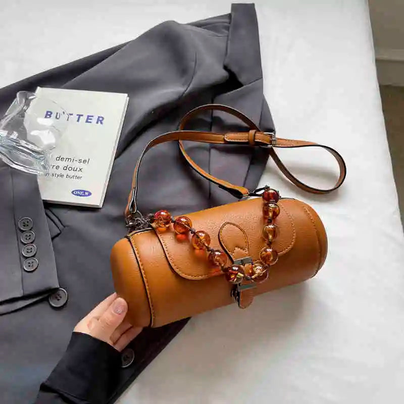 qgtao PU New Cylinder Crossbody Bag For Women Versatile Beading Decor Handheld Spring Autumn Fashion Solid Color Single Shoulder Bag