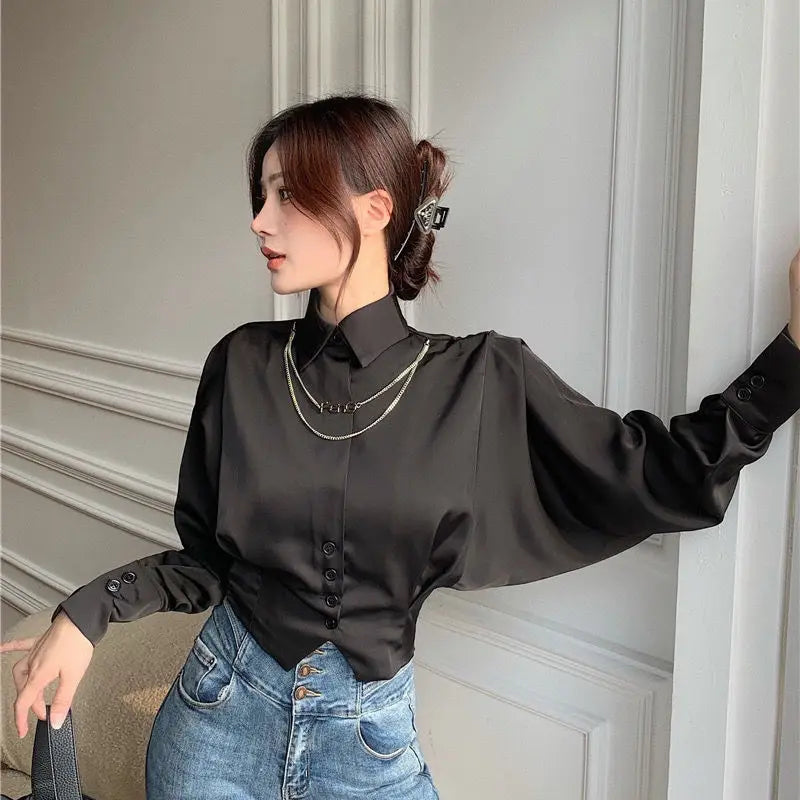 Vintage Elegant Button Solid Chiffon Shirt Spring Autumn 2022 New Polo-Neck Long Batwing Puff Sleeve Slim Blouse Women's Clothes