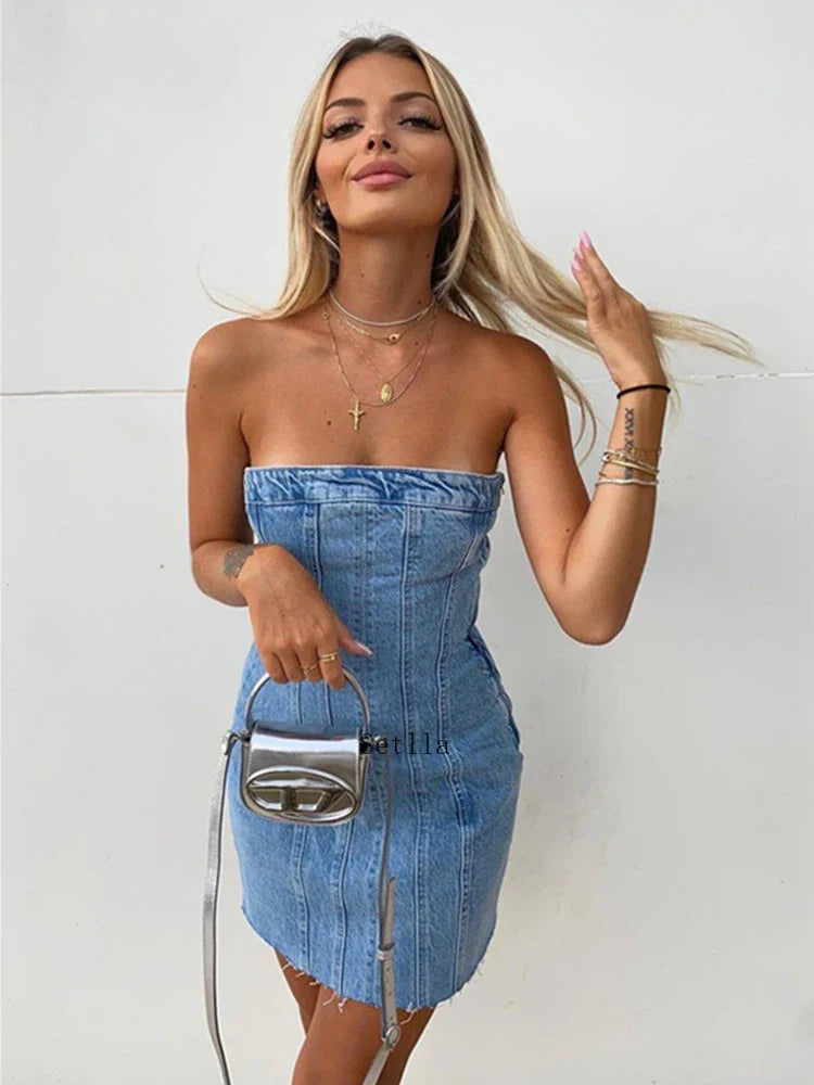qgtao 2024 Denim Mini Dress Women Fashion Slim Backless Strapless Sleeveless Sexy Bodycon Dresses Summer Causal Party Mini Dress