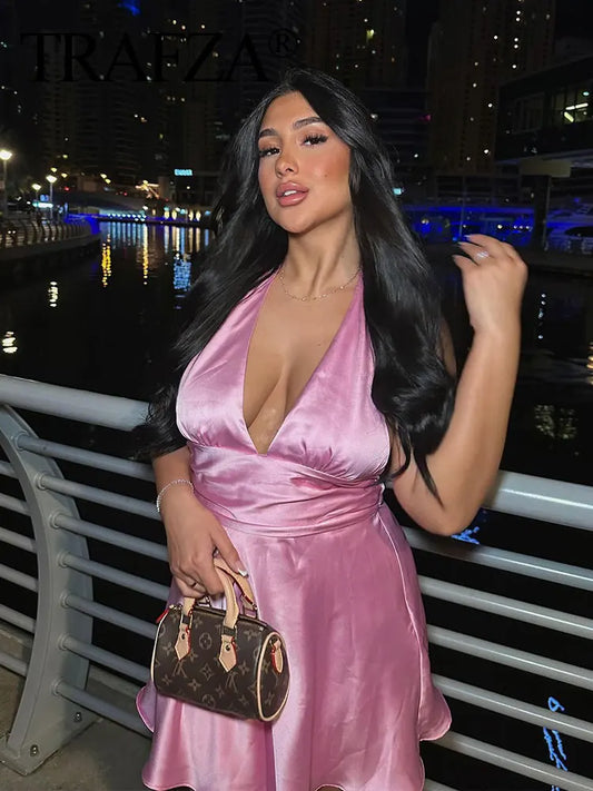 qgtao Dress For Women Fashion Back Bow Lace Up Slim Mini Dress Sexy Backless V Neck Halter Sleeveless Dresses Female Streetwear