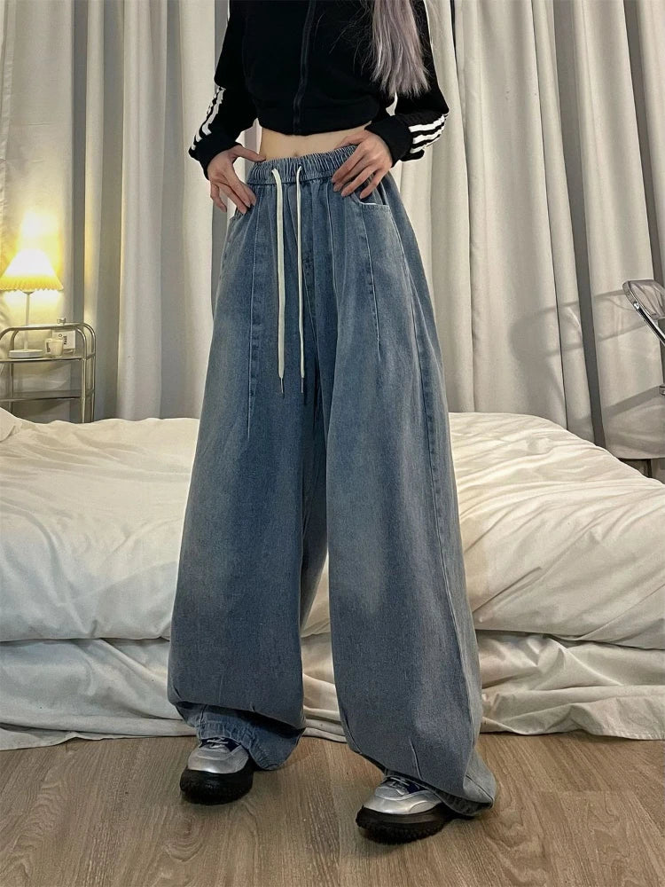 qgtao Women Vintage Baggy Jeans Y2K Elastic High Waist Oversize Street wear Trouser Denim Wide Leg Straight Basic Pants Spring