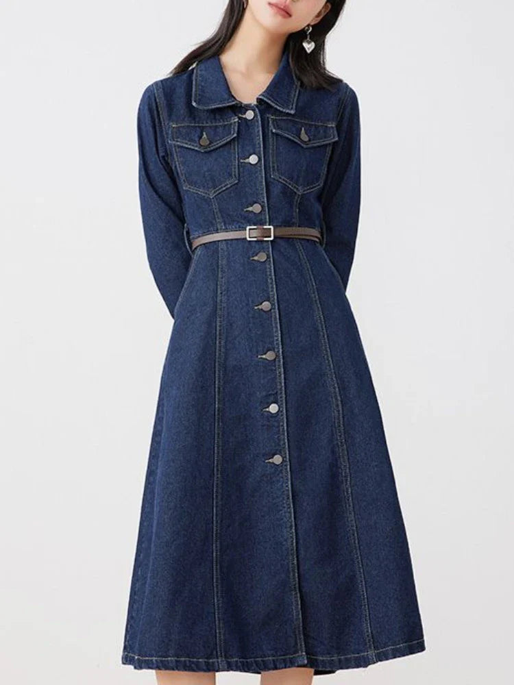 qgtao Autumn Winter Casual Women Lapel Single Breasted Denim Dress Vintage Lady Empire Slim A-line Midi Dress with Belt