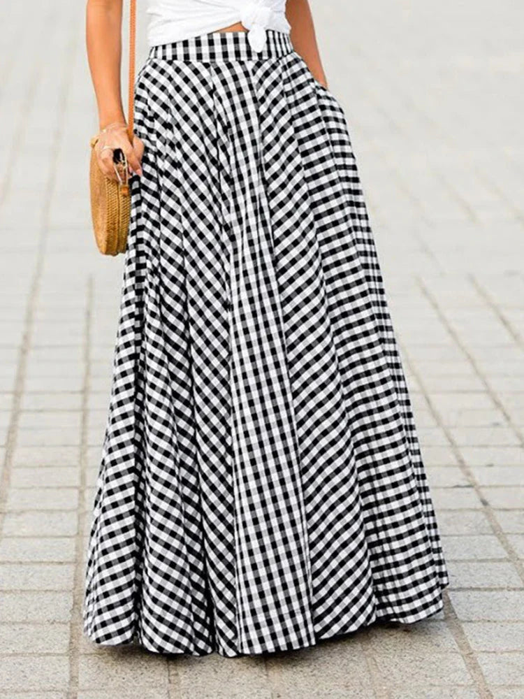 Fashion Plaid Skirt Women Boho Long Dress Summer Elegant Sexy Elastic Aline Skirt Lady Casual Loose High Waist Skirt With Pocket