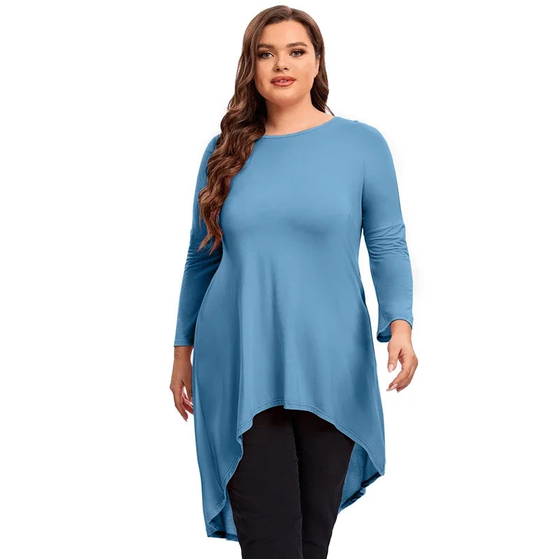 qgtao Plus Size Elegant Long Sleeve Spring Autumn Tunics Women Long Loose Fit Flare Basic Swing Blouse Tops Large Size Casual T Shirt