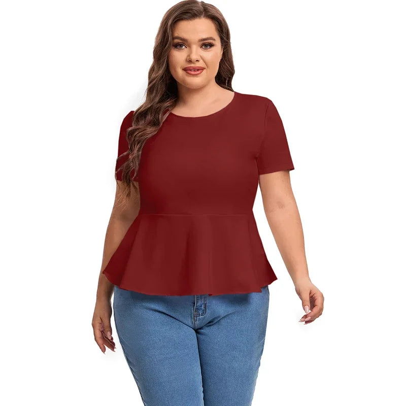 qgtao Plus Size Short Sleeve Elegant Summer Peplum Tops Women Keyhole Back Ruffle T-shirt Tee Blouse Plus Size Clothing Women 7XL 8XL