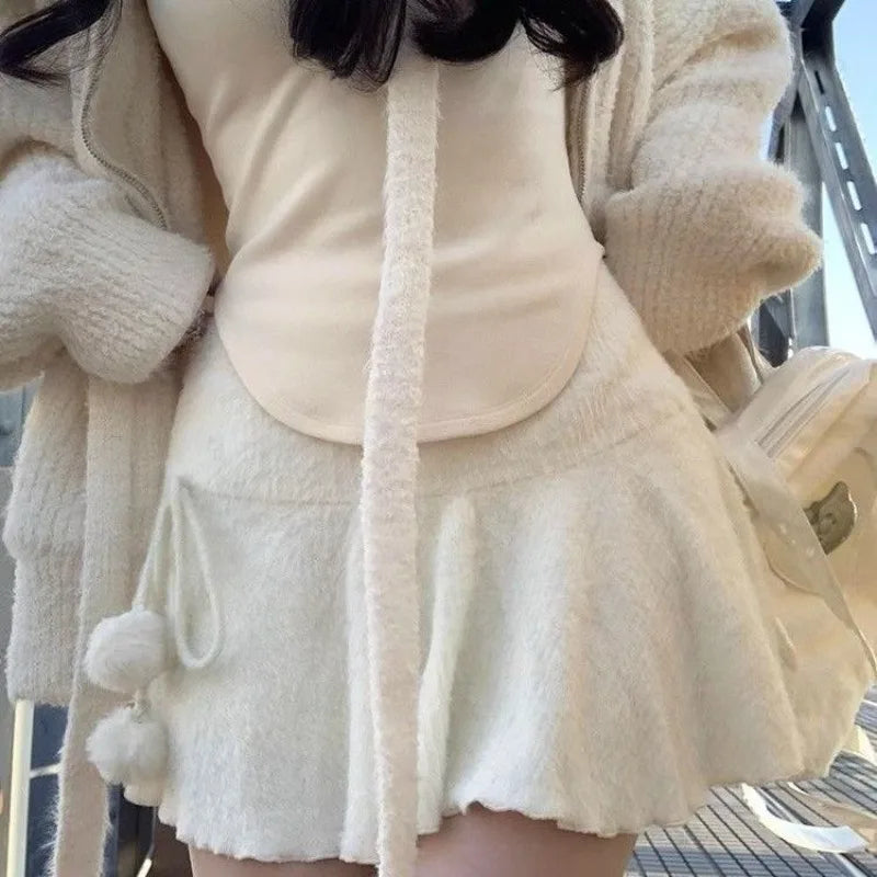 qgtao Coquette White Mini Skirt Women Kawaii Ruffle Patchwork Lace-up Knitted High Waist A-line Fleece Short Skirt Cute Spring