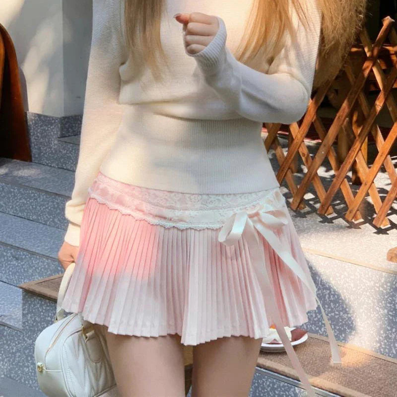 qgtao  Coquette Pleated Skirt Women Fairycore Elegant Mini Skirts Kawaii Sweet Lace Up Bow Cute Fanshion Summer Short Skirt