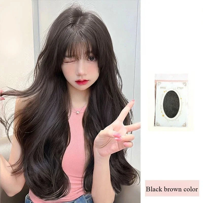 OKLULU - Long water Wave Wig Cold brown with Bangs Cosplay Silky Wig for Women Daily Party Natural Soft Synthetic Hair Heat Resistant 여장