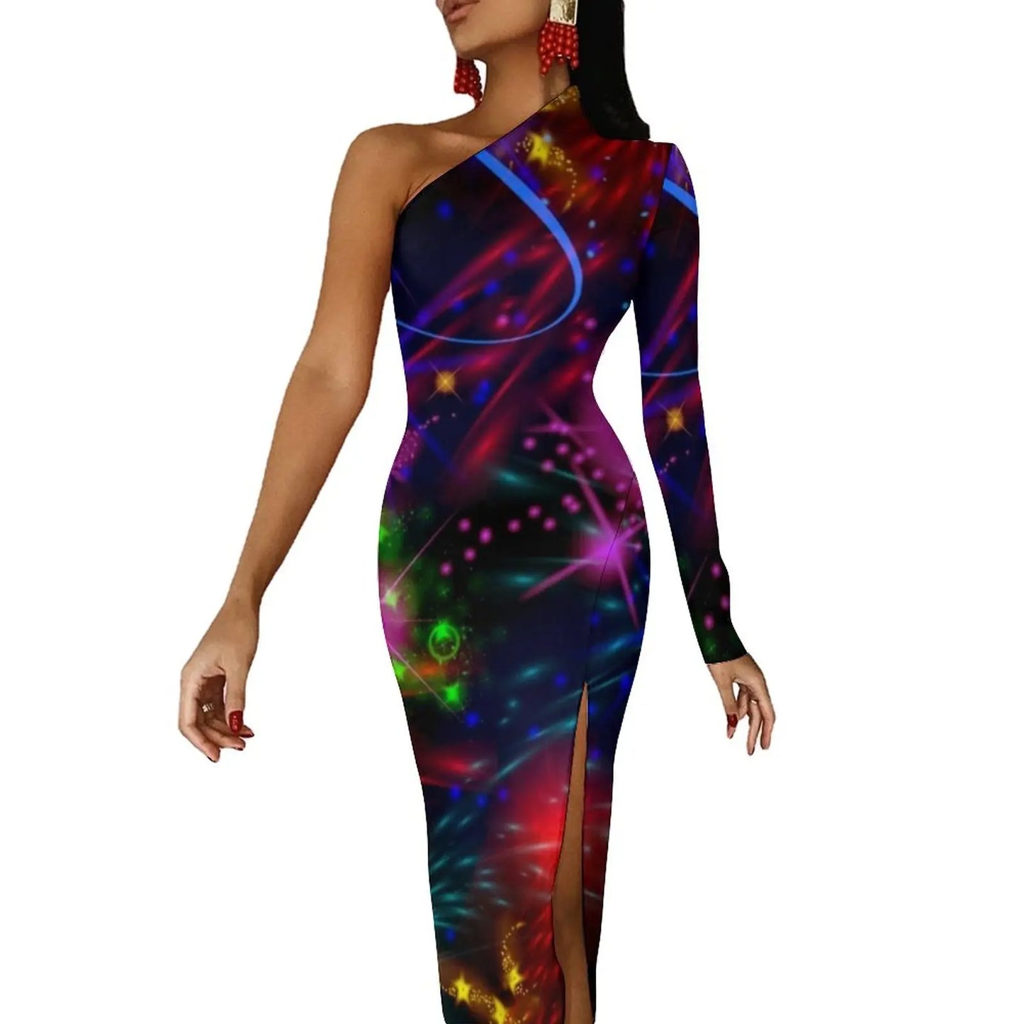 Neon Paint Long Dress Women Graffiti Splatter Print Party Maxi Dress Summer Long Sleeve Sexy Bodycon Dresses Side Split Clothes