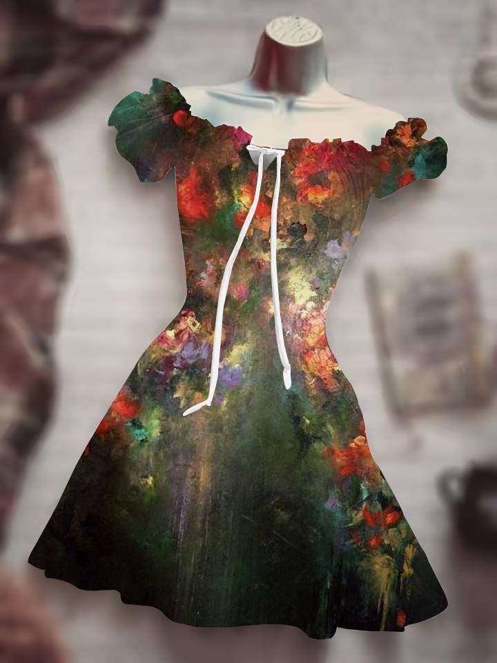 Horror Halloween Skull Costume puff sleeve Skirt Hawaiian Bohemian Short Sleeve Drawstring leisure Dress Skull Night Costume