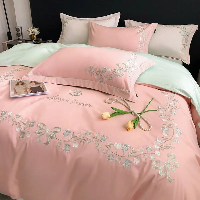 Yeknu New High-End Simple and Light Luxury Skin-Friendly Cotton Four-Piece Set Simple Embroidery Bedding Lily