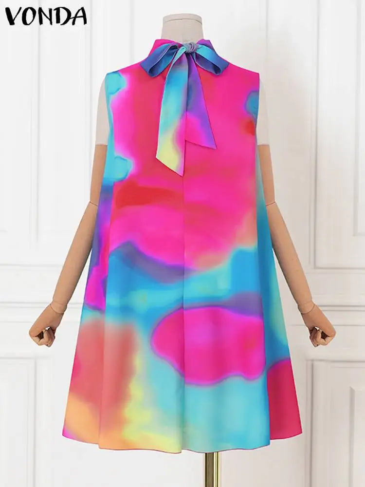 qgtao Plus Size 5XL VONDA Sexy Dress Women 2024 Summer Sleeveless Mini Sundress Bohemian Printed Bandage Casual Loose Tank Beach Robe