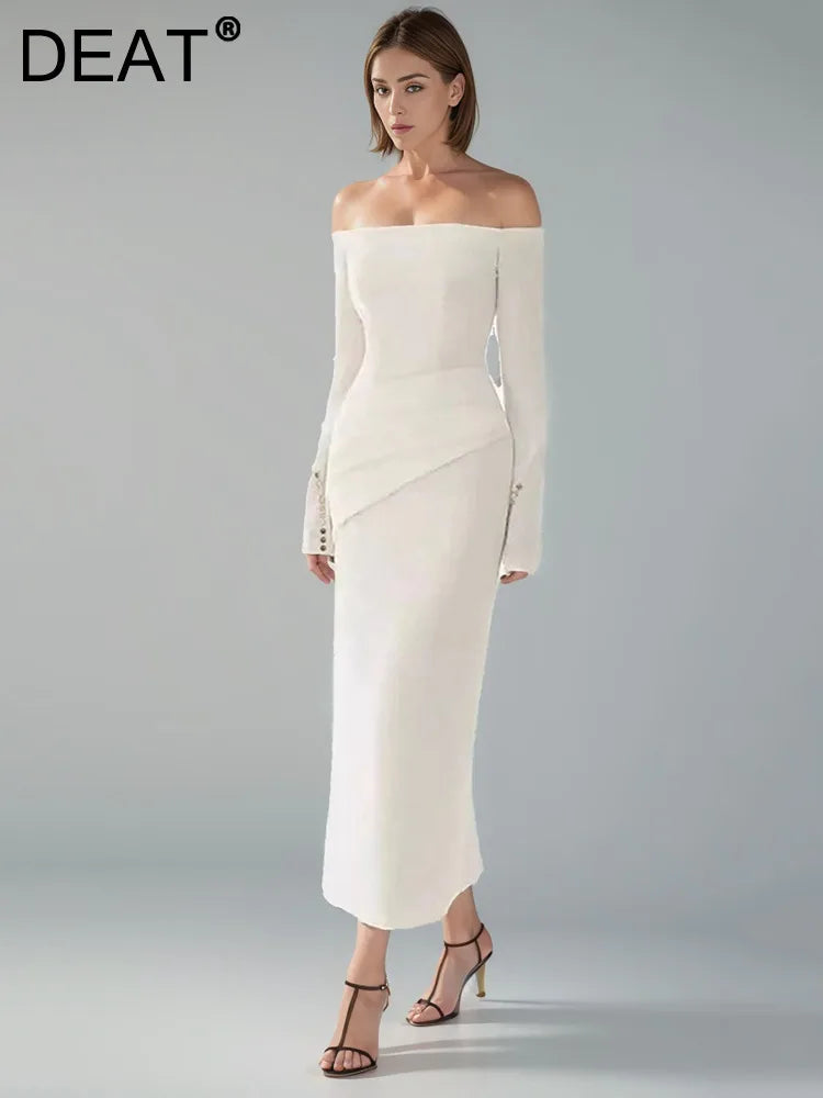 qgtao Fashion Women's Dress Slash Neck Flare Sleeves Folds Button Decorate Slim Ankle-length Dresses Summer 2024 New Tide 13DL10