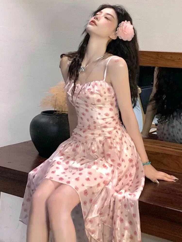 qgtao Autumn Korean Floral Midi Dress Women Sweet Chic Irregular Printing Fairy Strap Dress Fashion Princess Evening Party Dress 2024