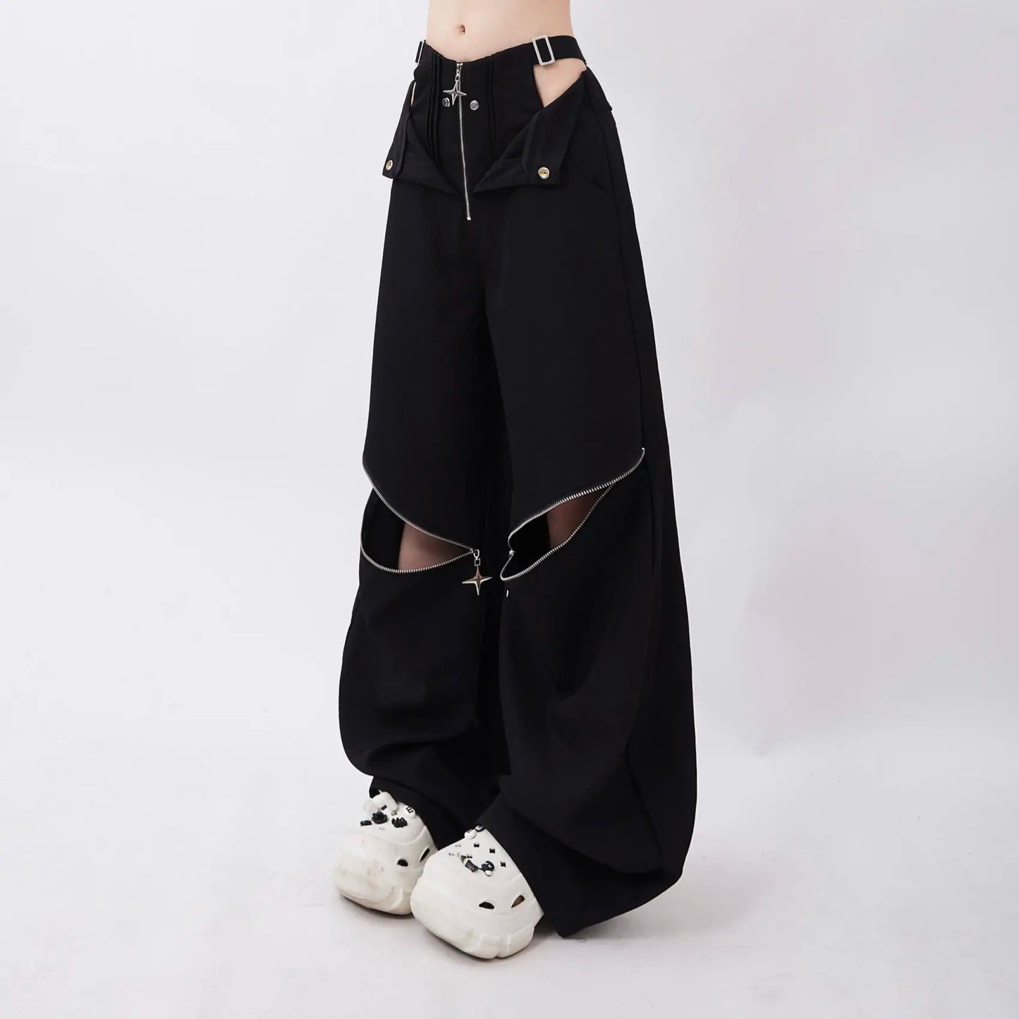QWEEK Streetwear Cargo Pants Women Y2k Baggy Techwear Wide Leg Trousers Sexy High Waisted Hollow Out Gray Black Pantalones Mujer