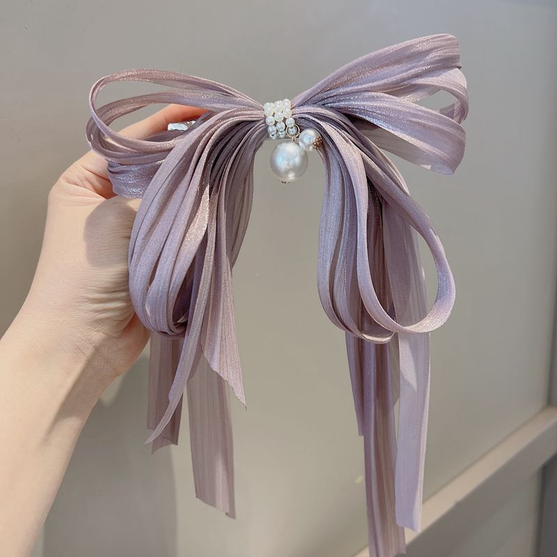 summer New Pearl Pendant Big Organza Bow Hair Clip Fashion Hair Accessory Women's Large Ribbon Bow Hairpin Head Back Top Clip