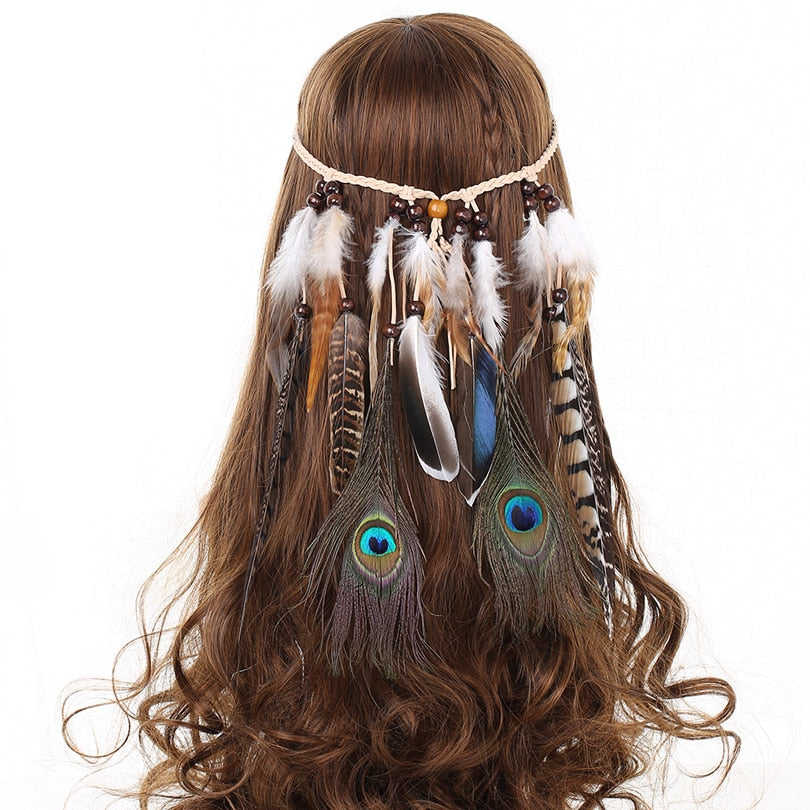 Fashion Boho Style Feather Headband Hairpiece Beads Feather Headdress Handmade Girls Hair Accessories High Quality